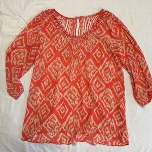 Studio Y Ladder Cut Neckline Peach/Beige Design 3/4 Sleeve Tunic Top Shirt Sz M